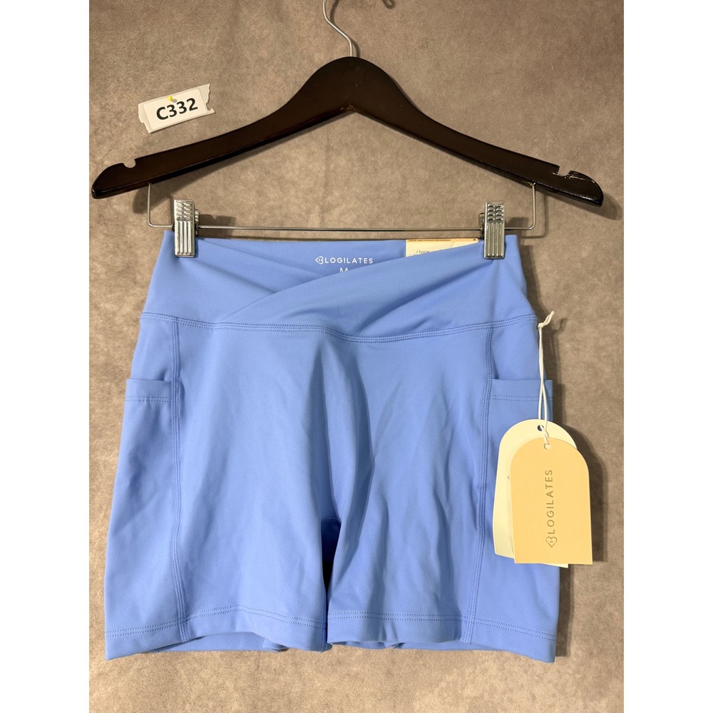 Blogilates Crisscross Scrunch Bike Shorts Blue Pockets Ruched Size M NWT
